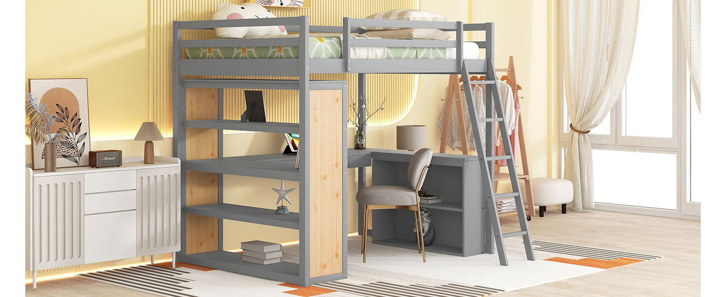 Full Size Loft Bed With Ladder, Shelves, And Desk - Gray