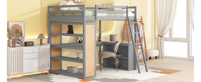 Full Size Loft Bed With Ladder, Shelves, And Desk - Gray