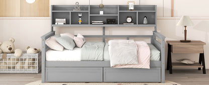 Full Size Daybed, Slat Support, With Bedside Shelf And 2 Drawers - Gray