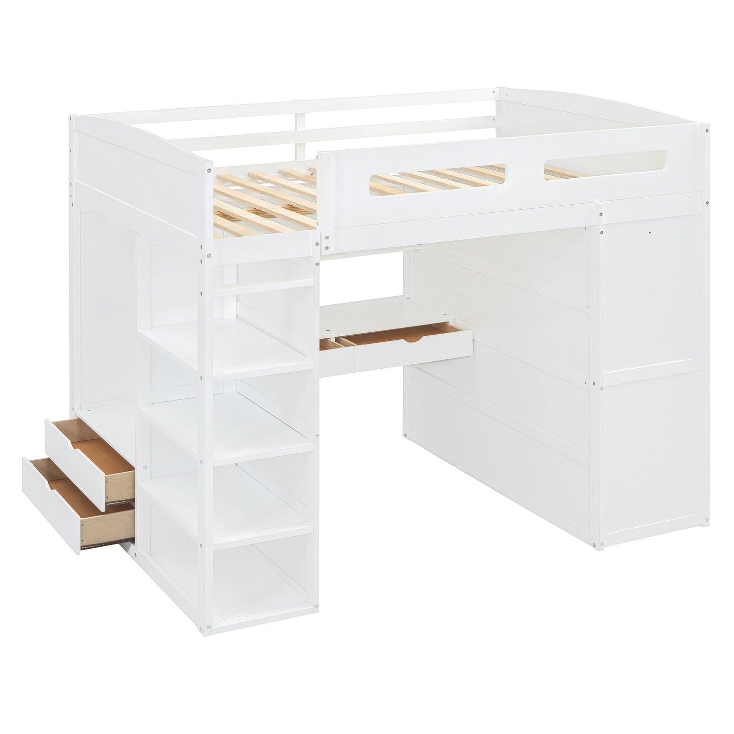 Full Size Loft Bed With Desk, Wardrobes, 4 Drawers And 4 Shelves - White