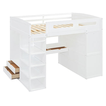 Full Size Loft Bed With Desk, Wardrobes, 4 Drawers And 4 Shelves - White
