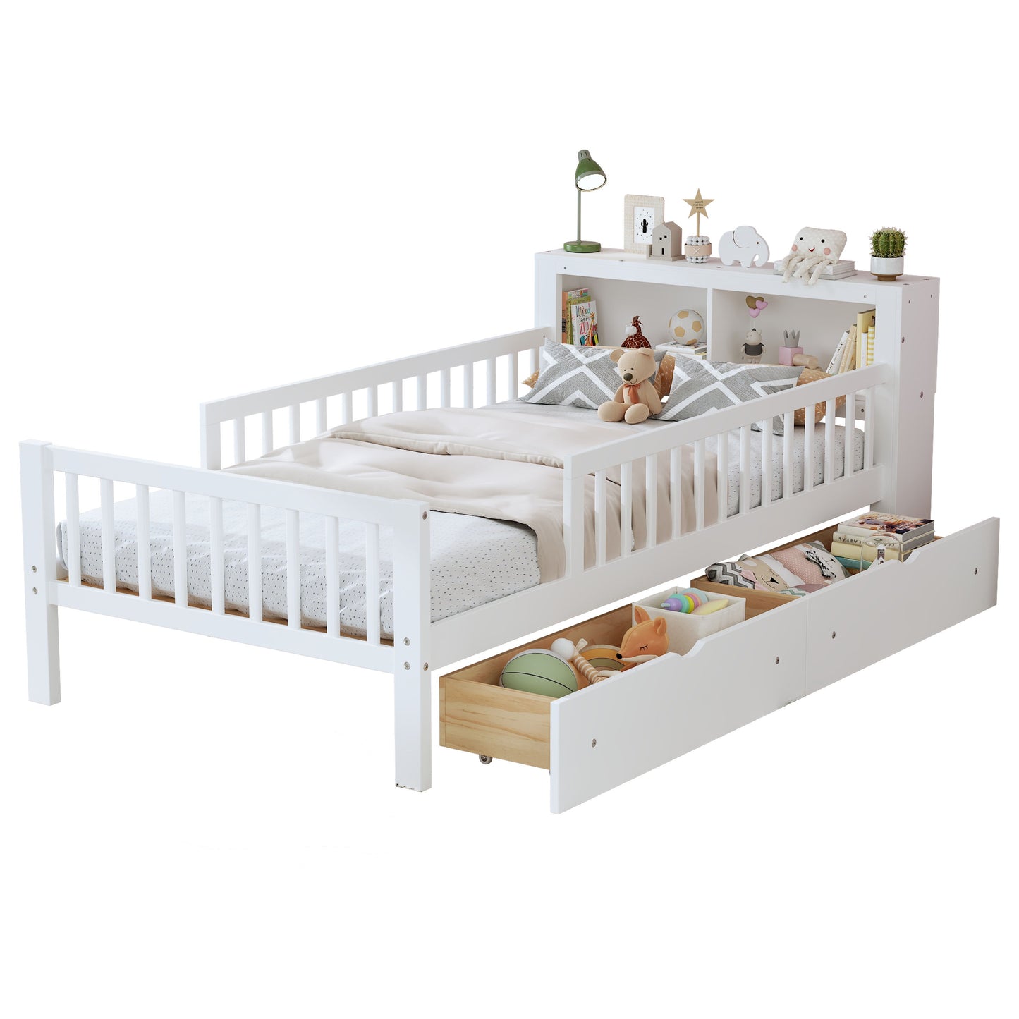 Twin Size Bed With Headboard Storage Rack, 2 Under Bed Drawers, 3 - Side Guardrails For Safety And Security - White