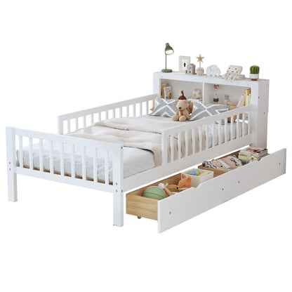 Twin Size Bed With Headboard Storage Rack, 2 Under Bed Drawers, 3 - Side Guardrails For Safety And Security - White