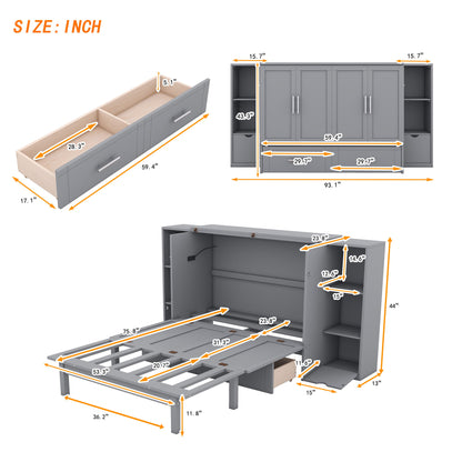 Full Size Murphy Bed With Shelves, Drawers And USB Ports - Gray