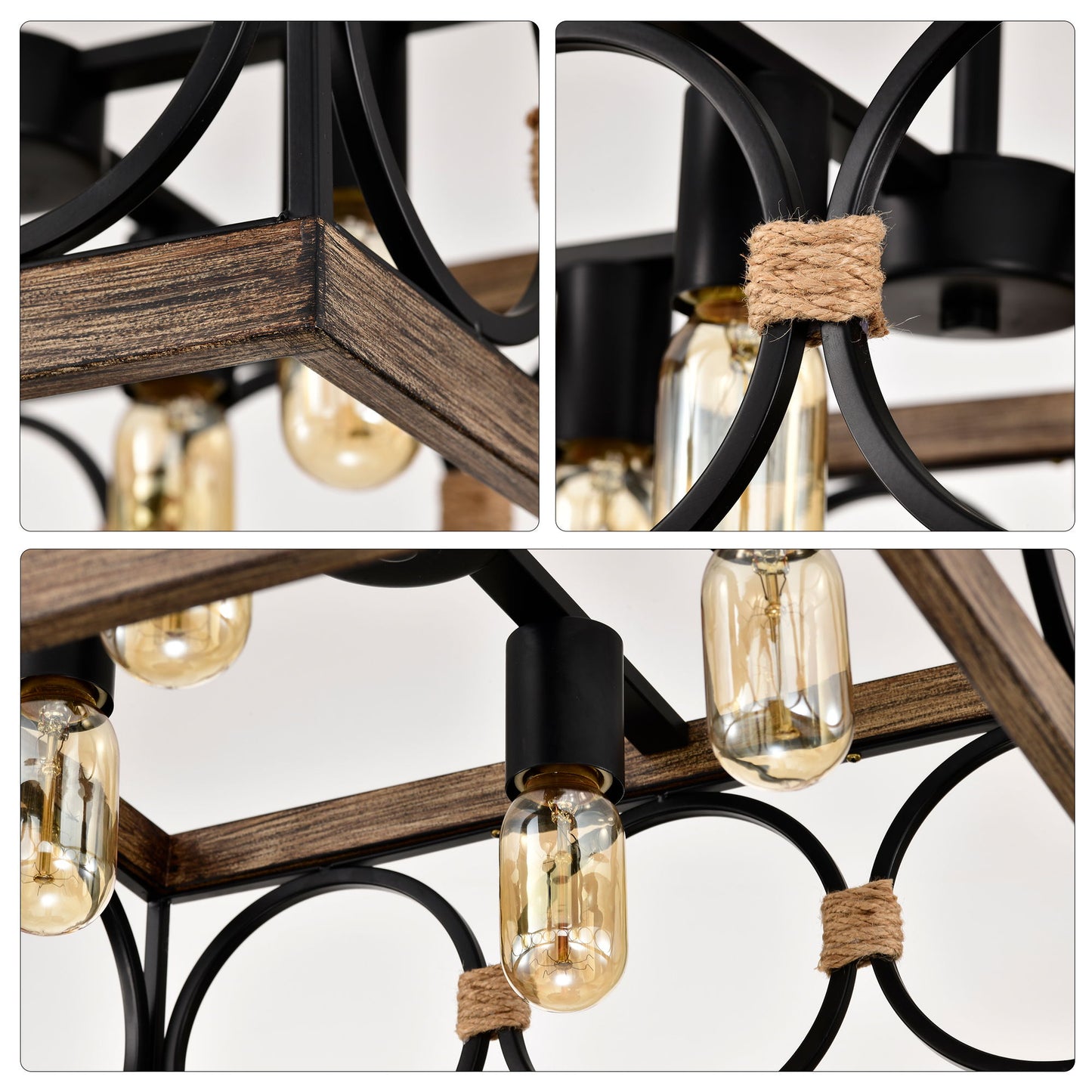 4 Light Square Kitchen Island Lights Ceiling Light Farmhouse Dining Room Light Fixture, Wood And Metal Rectangular Ceiling Light, Ceiling Lighting For Living Room, Conference Room, Home Office - Black