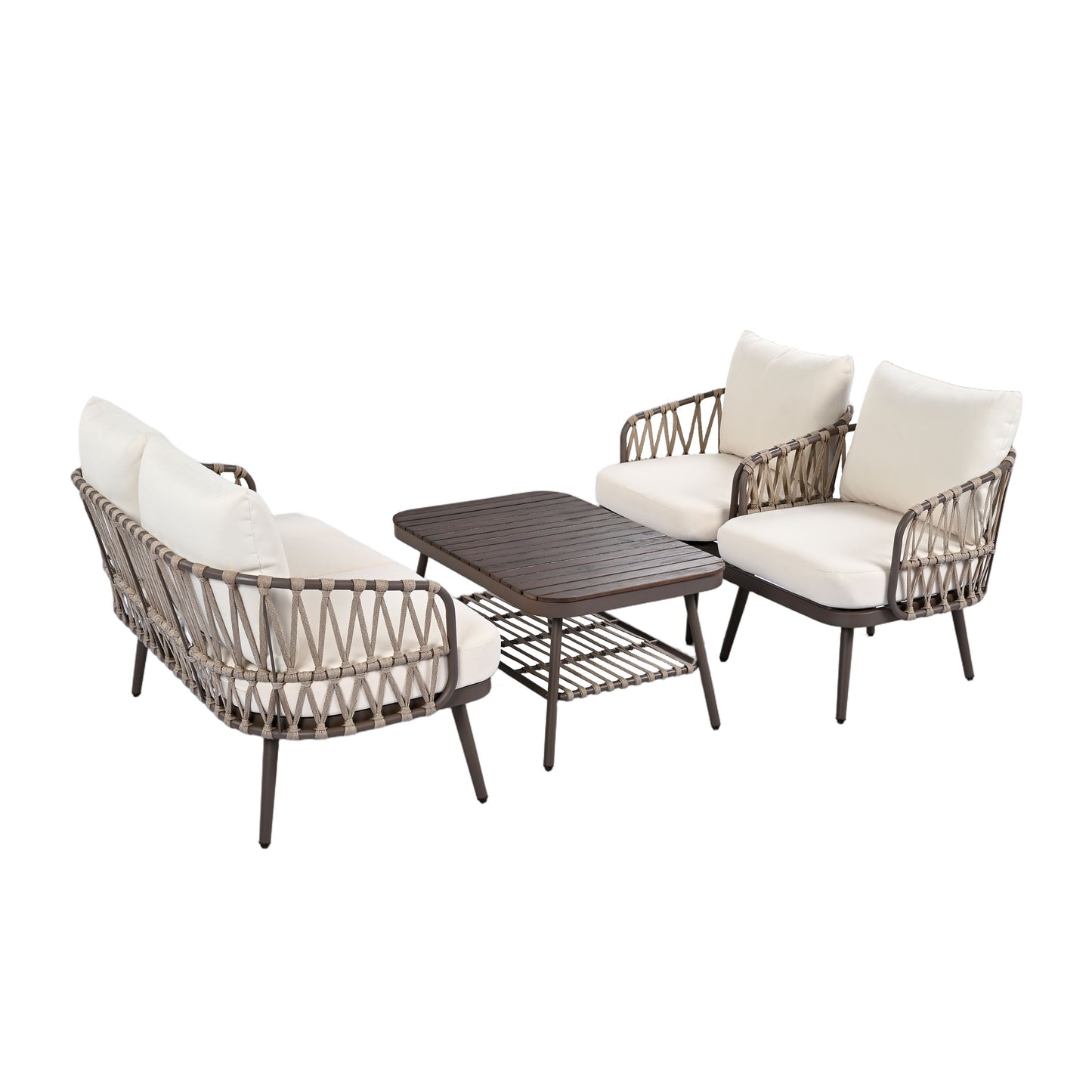 4 Piece Outdoor Patio Furniture Set, Metal Chairs With Woven Rope U Shaped Backrest, Outdoor Conversation Set With Thick Cushions And Coffee Table For Garden, Poolside, Balcony - Brown / Beige