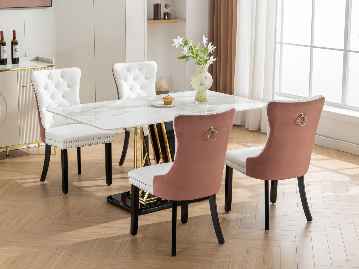 Nikki - Modern, High-End Tufted Solid Wood Contemporary And Velvet Upholstered Dining Chair With Wood Legs Nailhead Trim (Set of 2) - White / Pink