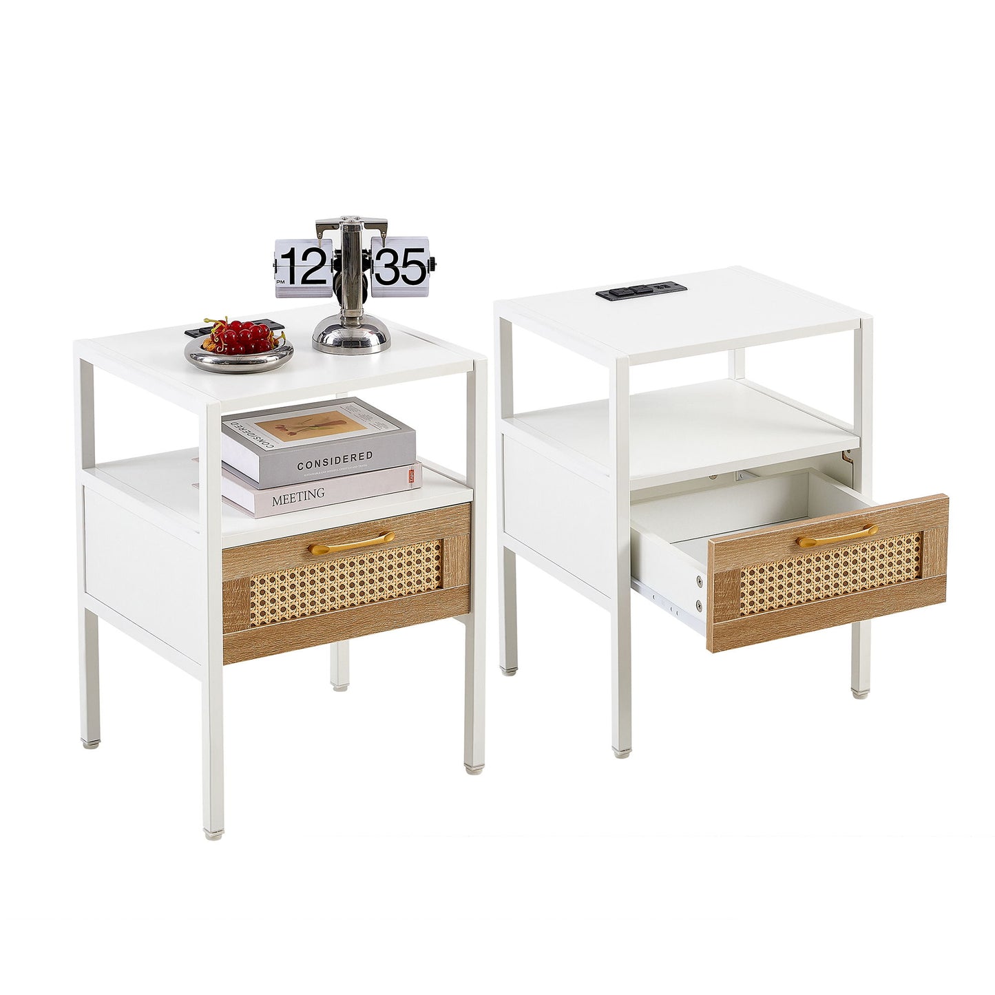 Rattan End Table With Power Outlet & USB Ports, Modern Nightstand With Drawer And Metal Legs, Side Table For Living Room, Bedroom (Set of 2) - White
