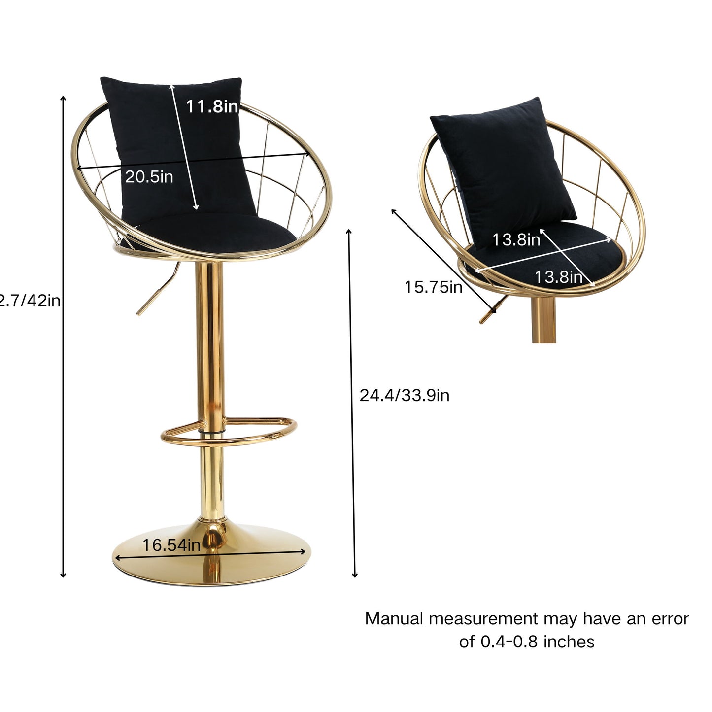 Velvet Bar Chair, Pure Gold Plated, Unique Design, 360 Degree Rotation, Adjustable Height, Suitable For Dining Room And Bar, (Set of 2) - Black