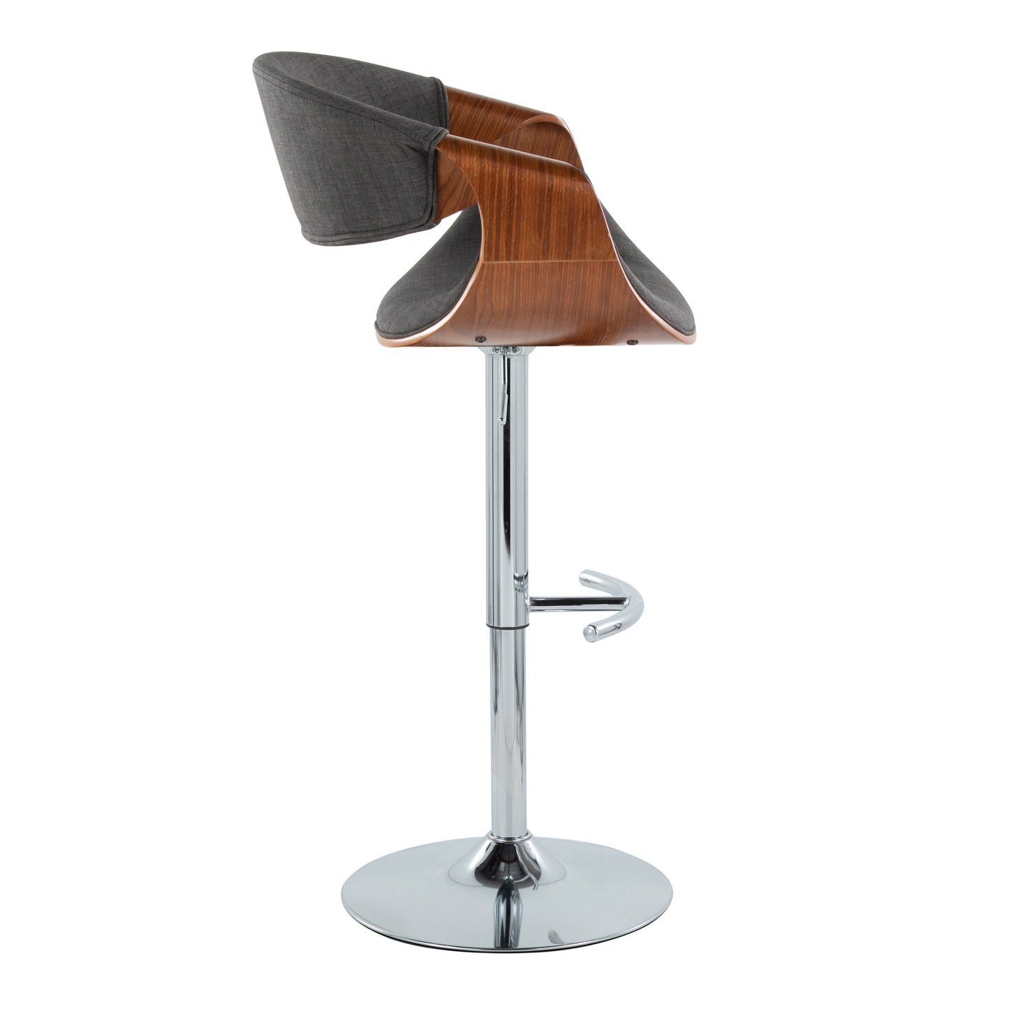 Curvo - Mid-Century Modern Adjustable Barstool With Swivel With Rounded T Footrest (Set of 2) - Chrome / Walnut / Charcoal
