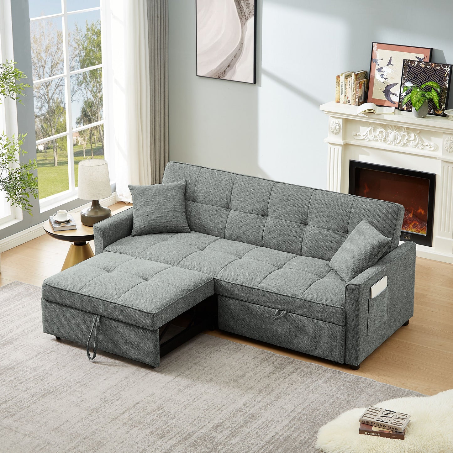 3 In 1 Convertible Sleeper Sofa Bed, Modern Fabric Loveseat Futon Sofa Couch Pullout Bed, Small Love Seat Lounge Sofa Reclining Backrest, Pillows, Pockets, Home Furniture For Living Room - Gray