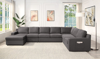 Waylon - Linen 7 Seater U-Shape Sectional Sofa Chaise With Pocket - Gray