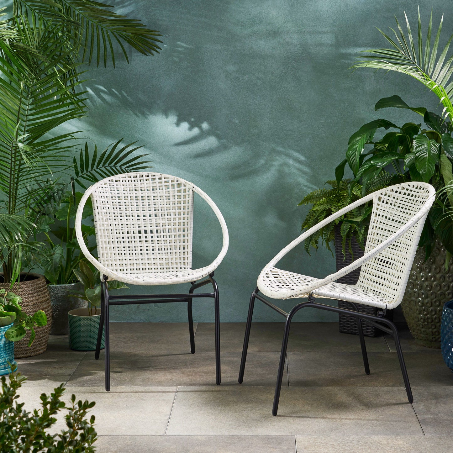 Outdoor Faux Rattan Wicker Chair With Iron Frame (Set of 2) - White / Black