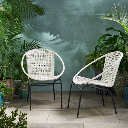 Outdoor Faux Rattan Wicker Chair With Iron Frame (Set of 2) - White / Black