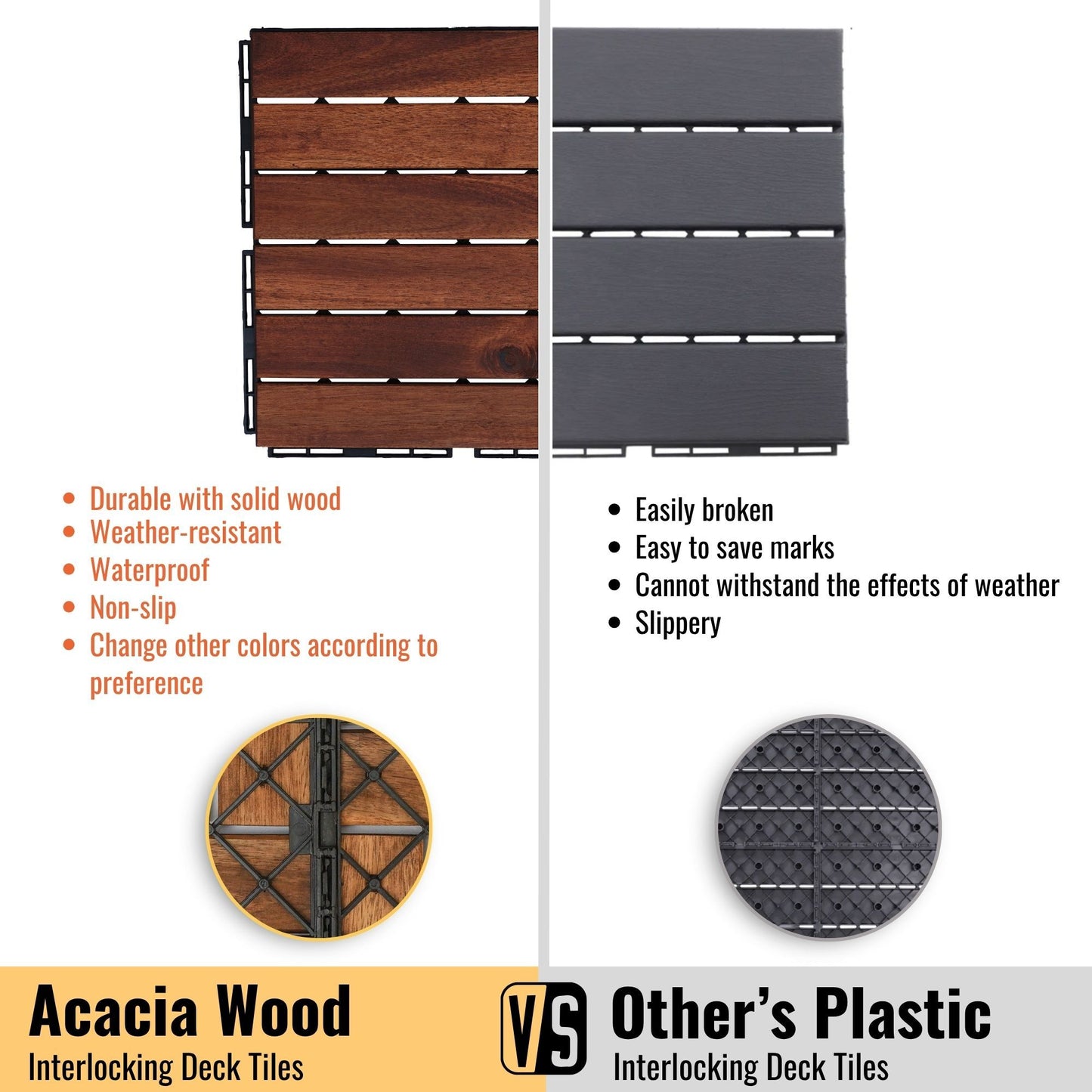 10 Piece Interlocking Deck Tiles Striped Pattern, Square Acacia Hardwood Outdoor Flooring For Patio, Bancony, Pool Side - Brown