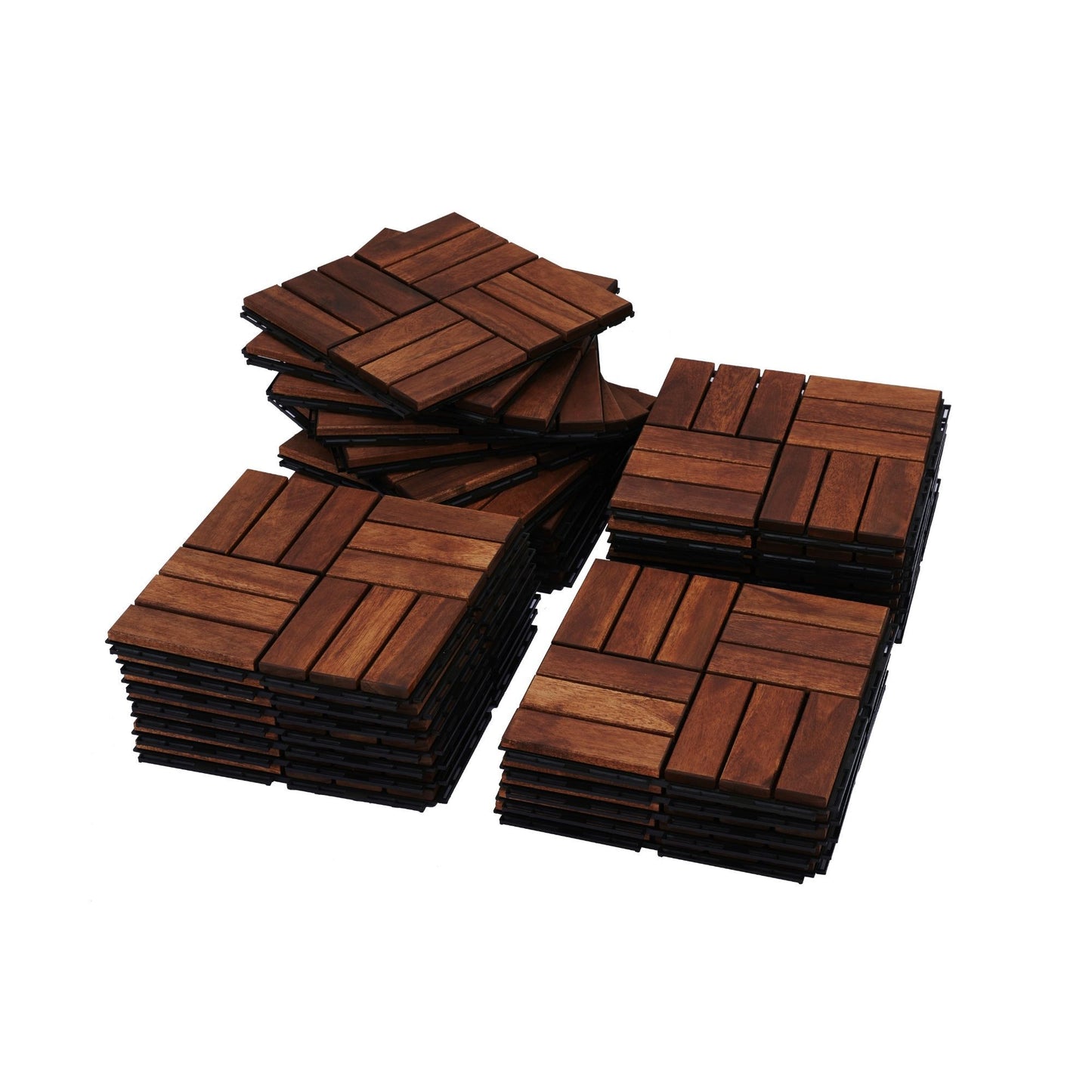 Acacia Wood Interlocking Deck Tiles Checker Pattern, 10 Piece Square Acacia Hardwood Outdoor Flooring For Patio, Bancony, Pool Side - Brown