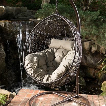 Kylie - Hanging Basket Chair Brown Cozy Rattan Design With Water Resistant Cushions - Khaki / Brown