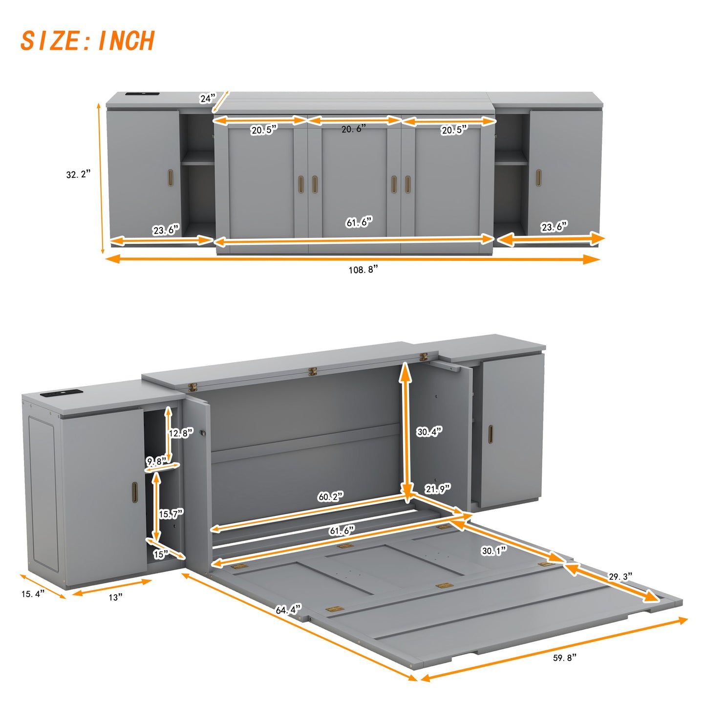 Queen Size Murphy Bed With Shelves, Cabinets And USB Ports - Gray