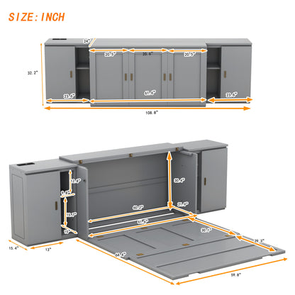 Queen Size Murphy Bed With Shelves, Cabinets And USB Ports - Gray