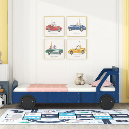 Twin Size Car Shaped Platform Bed With Wheels - Blue