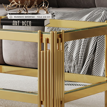 Top And Bottom Double Layer Tempered Glass Coffee Table And Mirror Finished Stainless Steel Frame - Gold