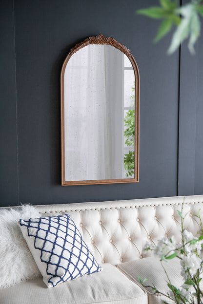 Hand Carved Rose Antique Mirror Frame, Wood Arch Mirror Wall Decor For Living Room, Bathroom, Entryway - Brown