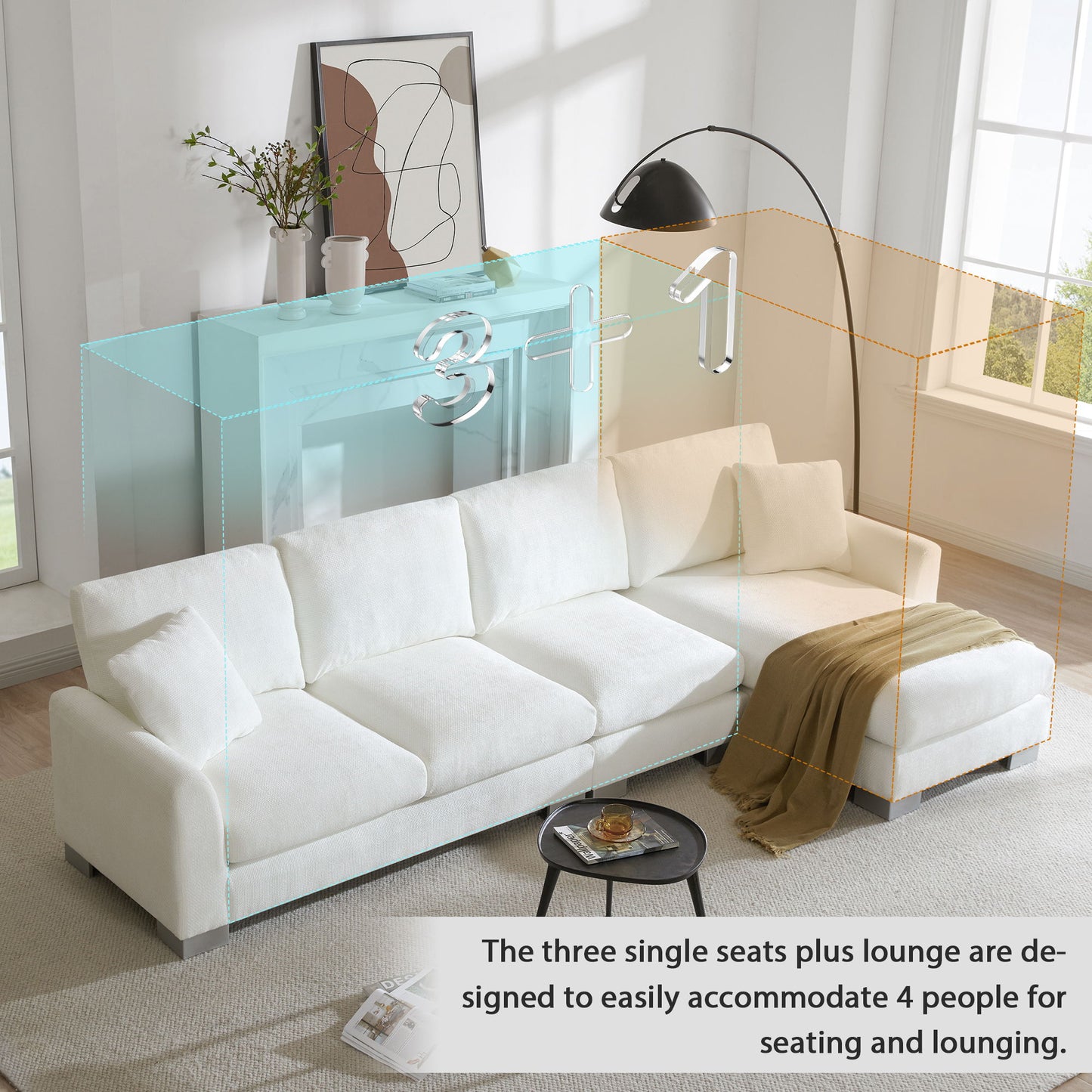 Modern Oversized Sectional Sofa, L-Shaped Luxury Couch Set With 2 Free Pillows, 5 Seat Chenille Indoor Furniture With Chaise - White