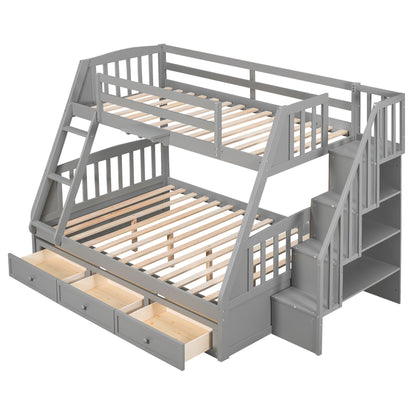 Twin Over Full Bunk Bed With Drawers, Ladder And Storage Staircase - Gray