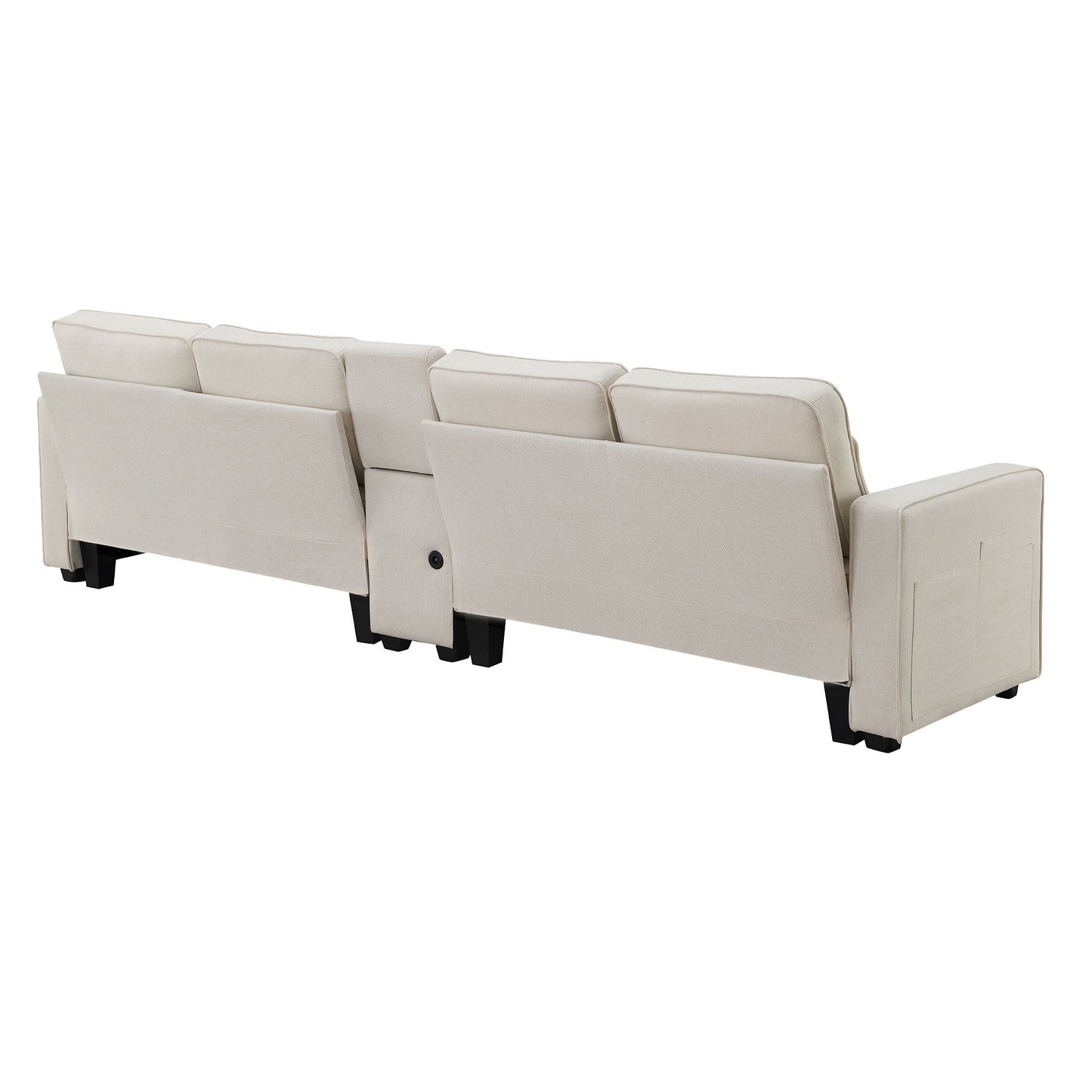 Upholstered Sofa With Console, 2 Cupholders And 2 USB Ports Wired Or Wirelessly Charged, Modern Linen Fabric Couches With 4 Pillows (4 Seat) - Beige