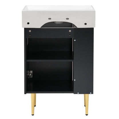 Bathroom Vanity, Combo Cabinet, Bathroom Storage Cabinet, Single Ceramic Sink, Left Side Storage - Black