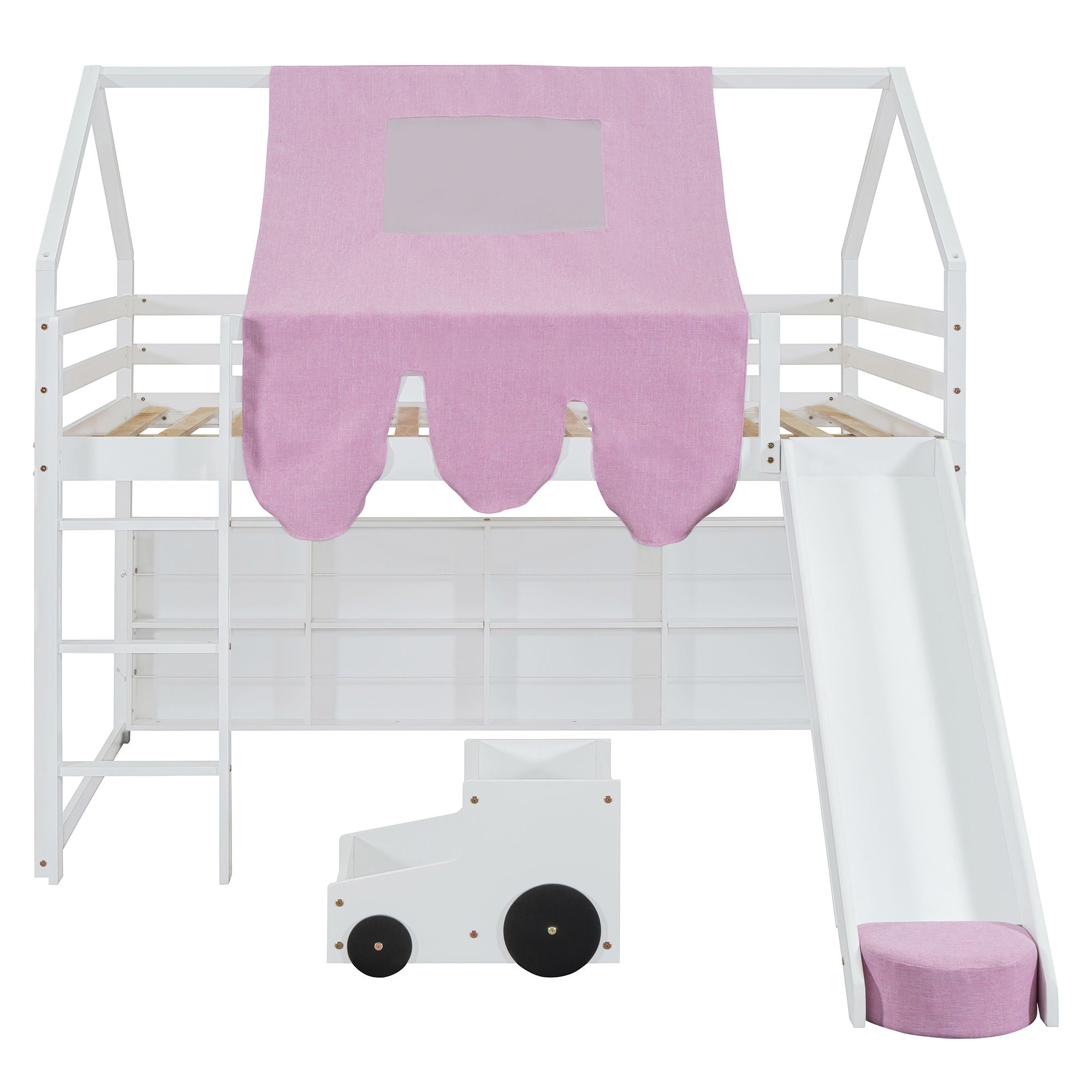 Full Size Loft Bed With House Shaped Frame And Tent - White / Pink