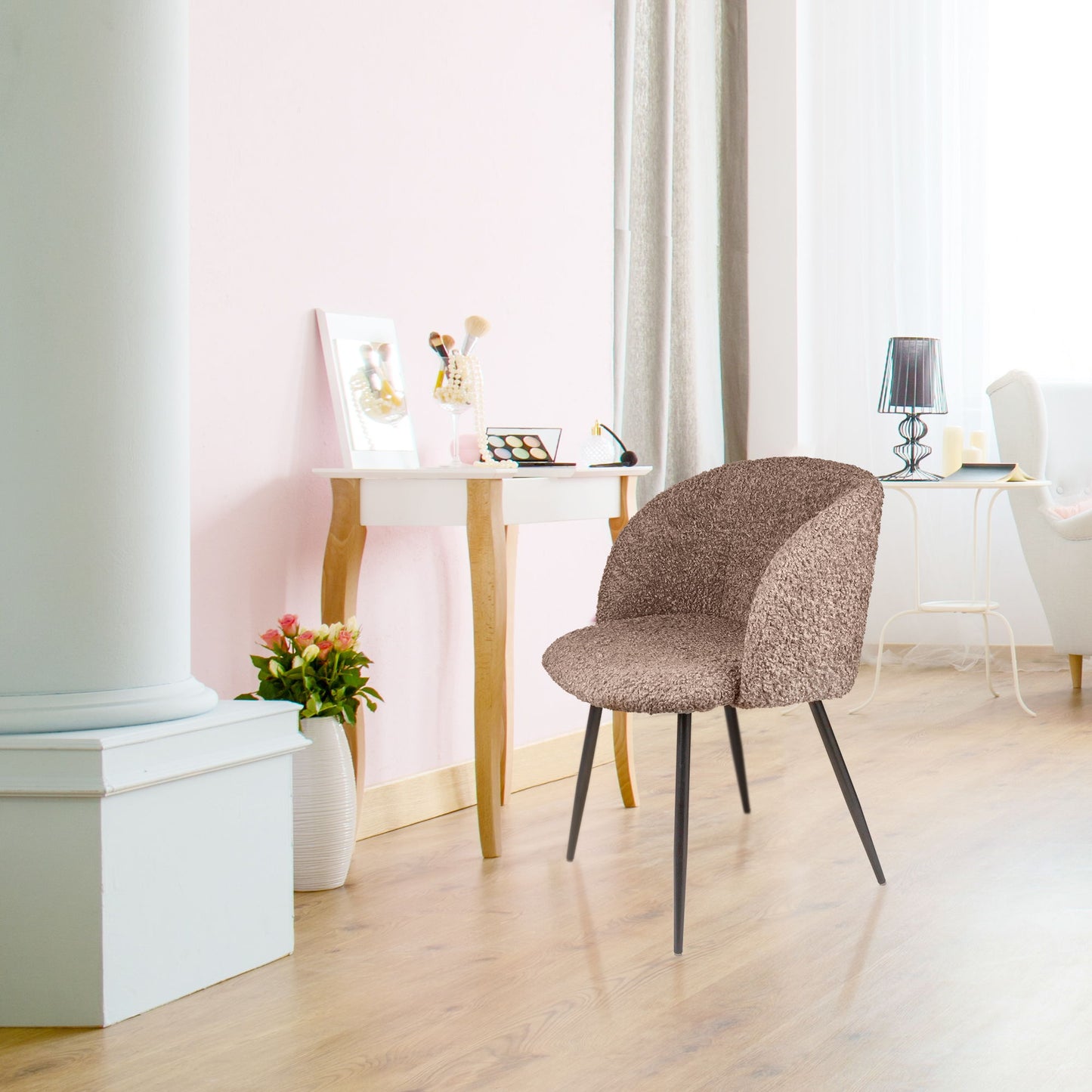 Adjust Legs Upholstered Teddy Faux Fur Dining Armrest Chair (Set of 2) - Light Brown