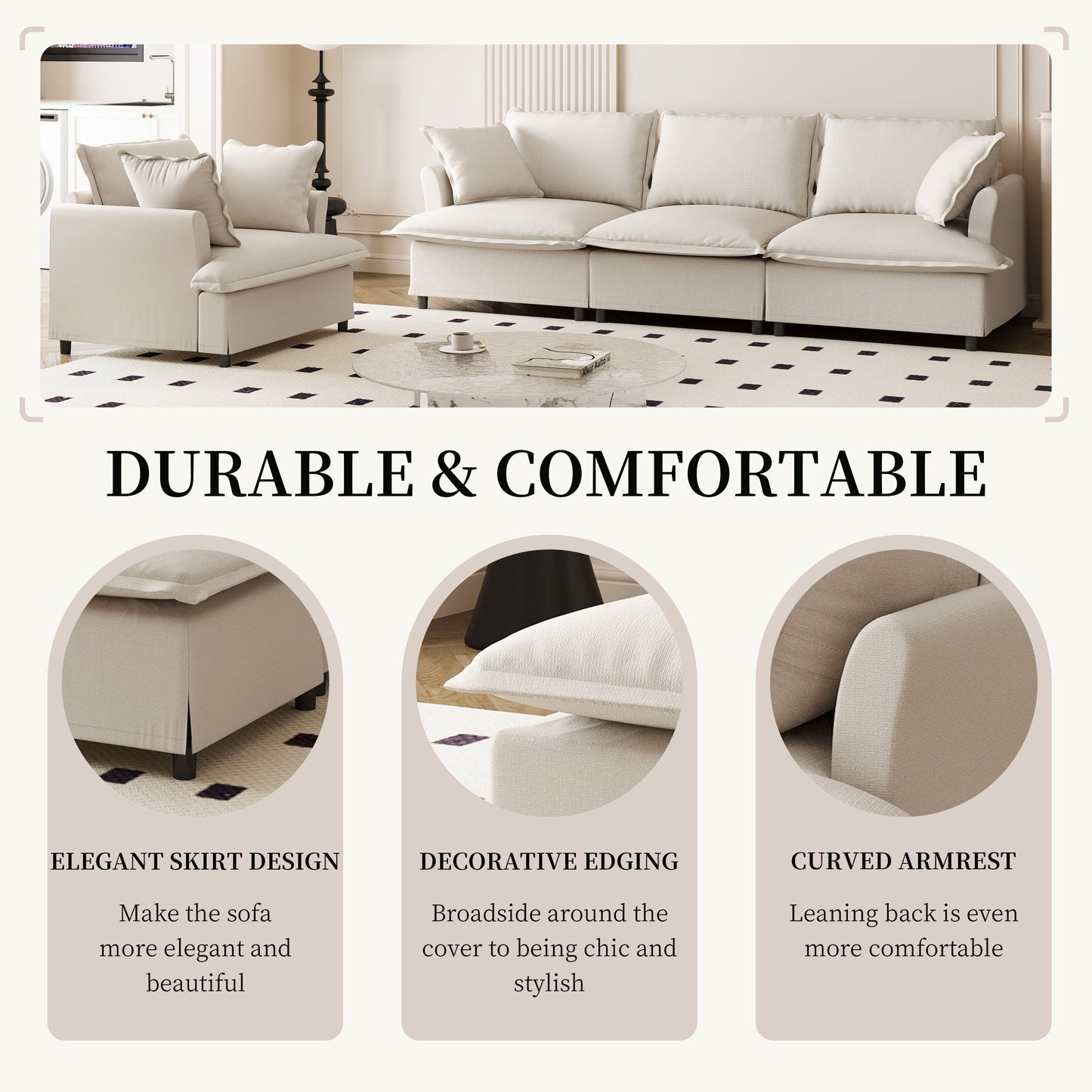 2 Piece Living Room Set With Throw Pillows Sectional Couch Sets, Upholstered 3 Seater Sofa & Armchair 4 Seat - Beige