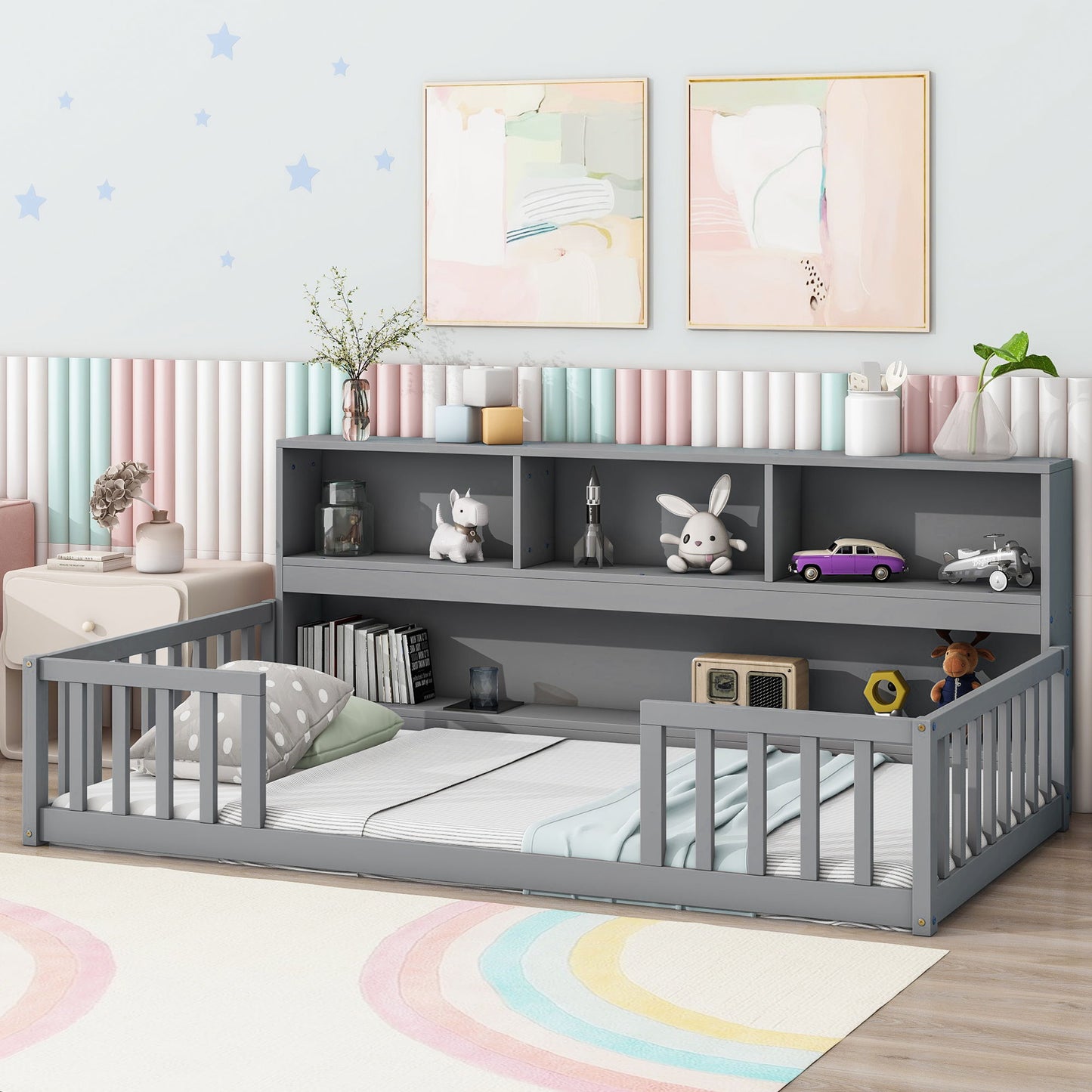 Twin Floor Bed With Bedside Bookcase, Shelves, Guardrails - Gray