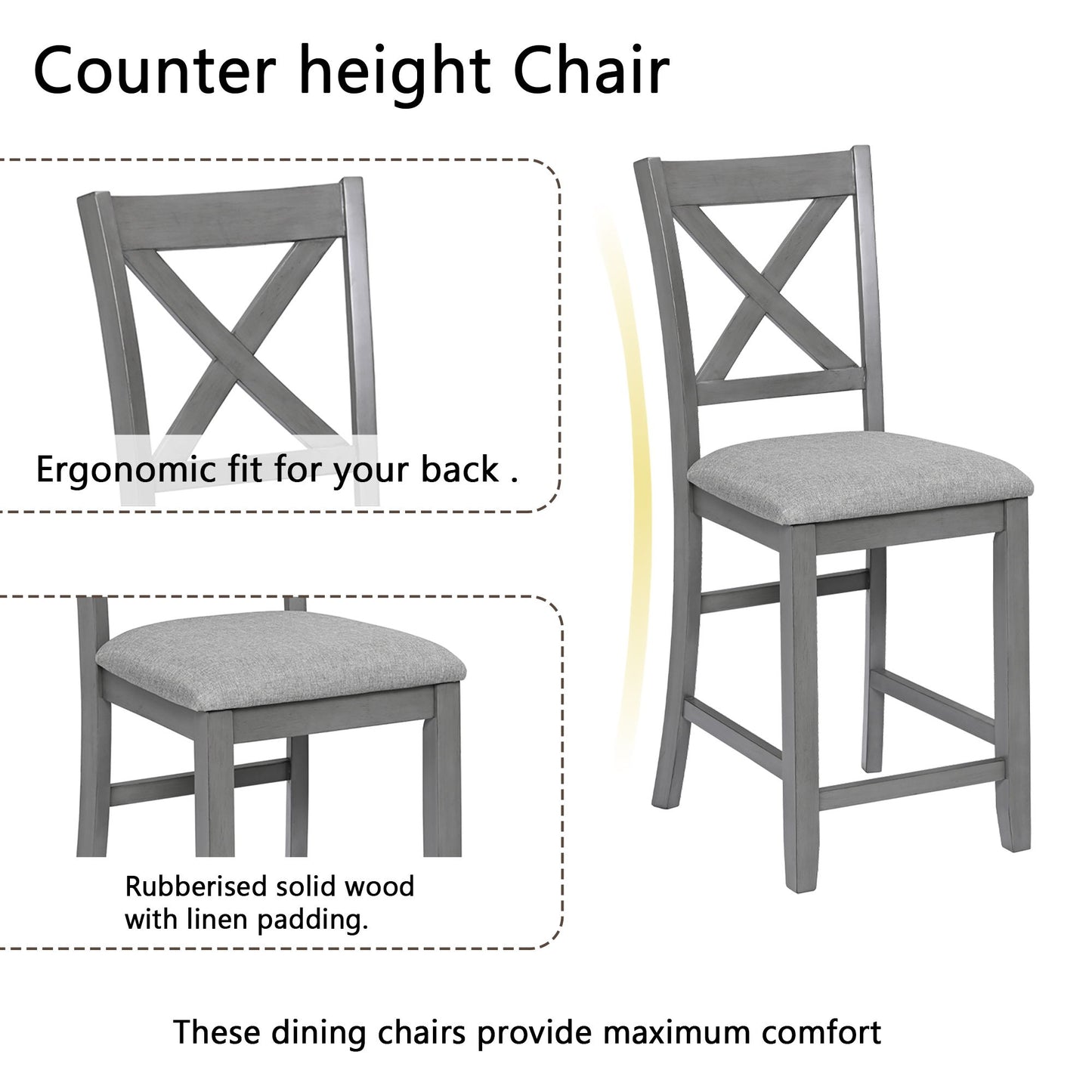 5 Piece Dining Table Set, Wooden Dining Square Table Set For 4, Counter Height Kitchen Table Set With Square Table And 4 Upholstered Chairs For Small Space - Gray
