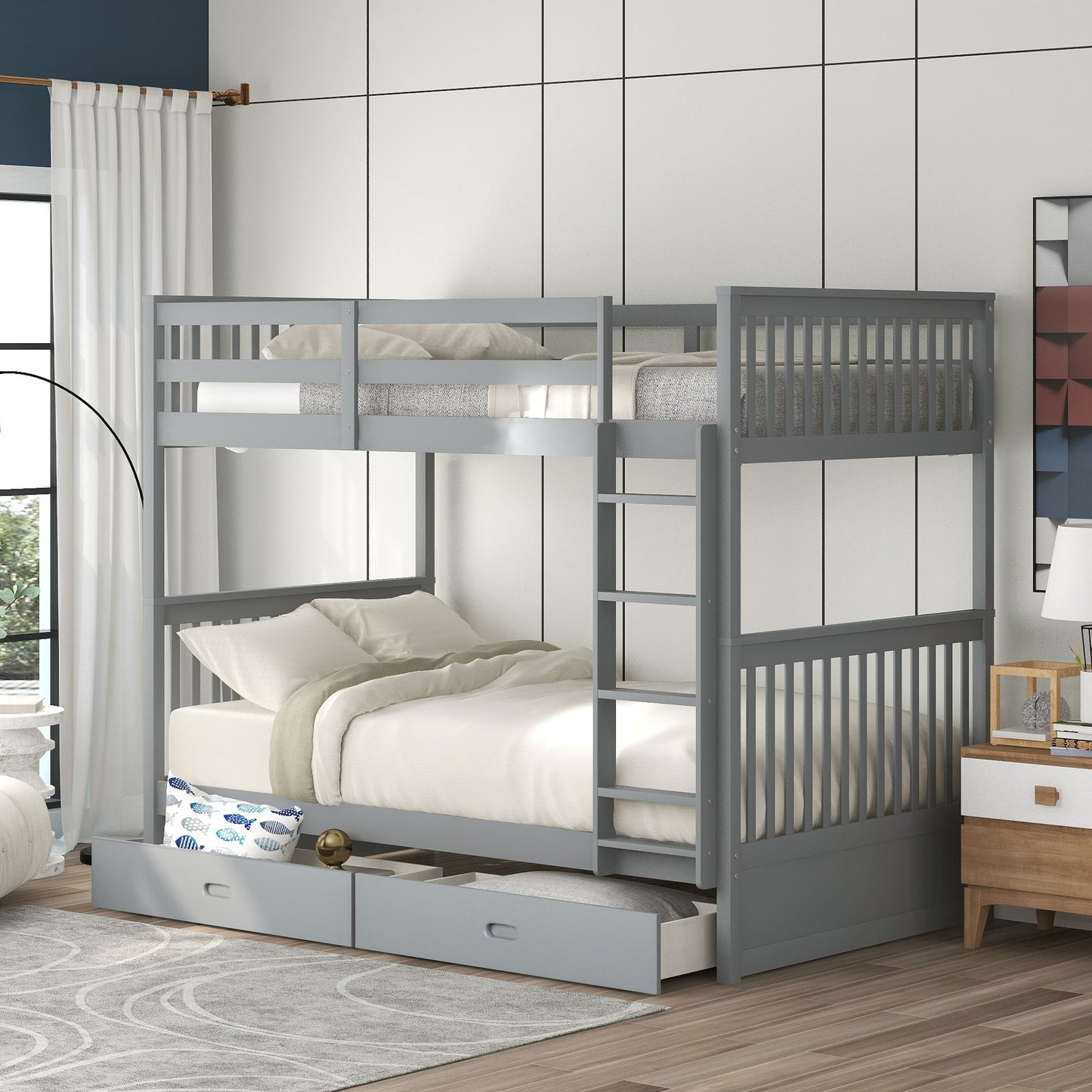 Twin Over Twin Bunk Bed With Ladders And 2 Storage Drawers - Gray
