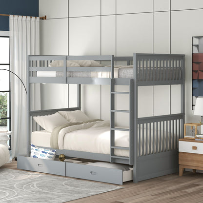 Twin Over Twin Bunk Bed With Ladders And 2 Storage Drawers - Gray