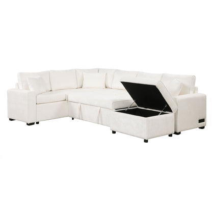 Sectional Sofa Pull-Out Sofa Bed Sleeper With A Storage Ottoman, Three Pillows And Charging Devices For Living Room - Cream