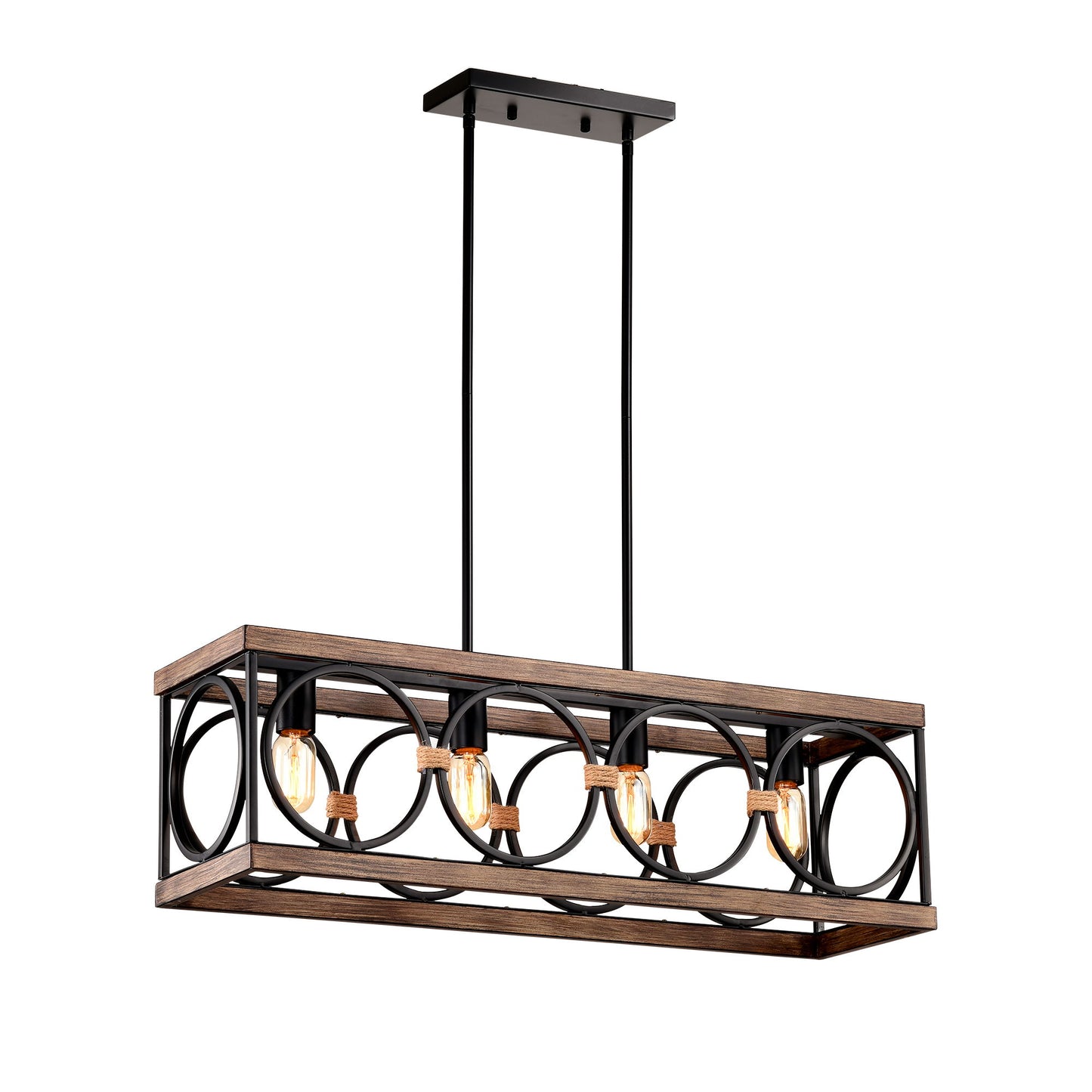 4 Light (Bulb No Included) Farmhouse Rectangle Pendant Light, Wood Texture Vintage Rustic Chandeliers Metal Industrial Hanging Light Fixtures For Kitchen, Entryway, Dining Room - Black / Natural