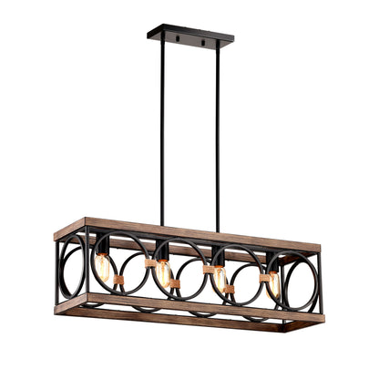 4 Light (Bulb No Included) Farmhouse Rectangle Pendant Light, Wood Texture Vintage Rustic Chandeliers Metal Industrial Hanging Light Fixtures For Kitchen, Entryway, Dining Room - Black / Natural