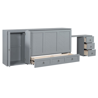 Queen Size Murphy Bed With USB Port, Large Drawer, And Wardrobe / Desk Combo Versatile Cabinet Bed - Gray
