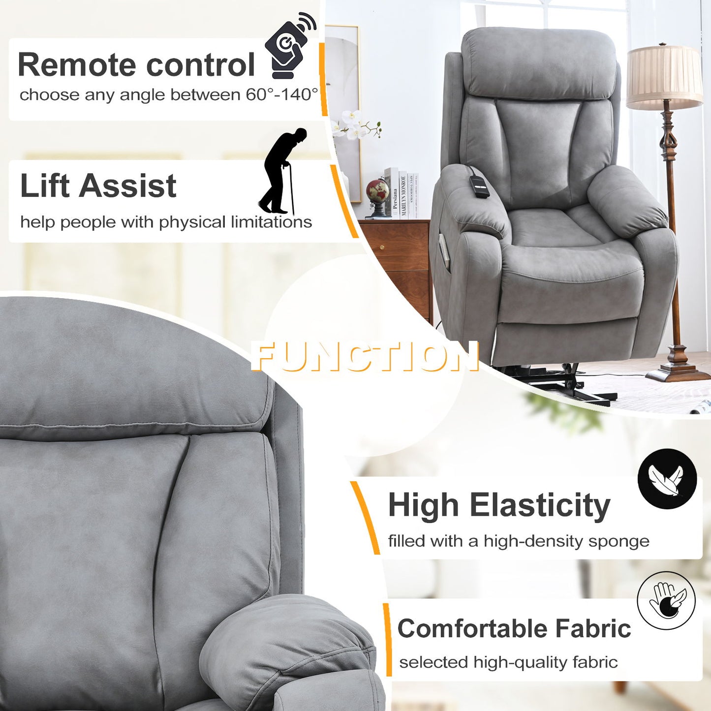 35.4" Electric Power Lift Recliner Chair, Fabric Recliner Chair, Home Theater Seating, Living Room Chair, Side Pocket, Remote Control - Light Gray