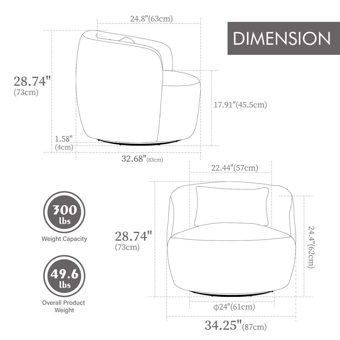 Upholstered Metal Base 360 Degree Swivel Barrel Soft Chair With Pillow, For Club, Living Room, Bedroom, Office As Well As Reading Armchair - Light Gray