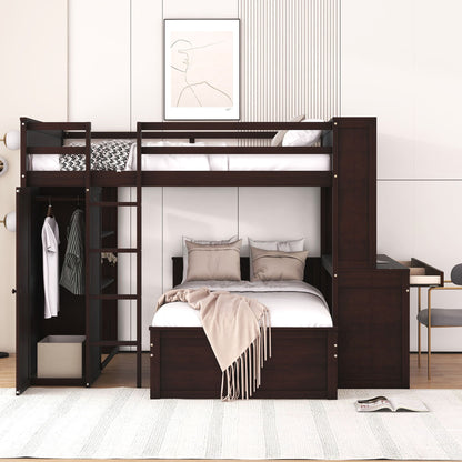 Full Size Loft Bed With A Twin Size Standalone Bed, Shelves, Desk, And Wardrobe - Espresso