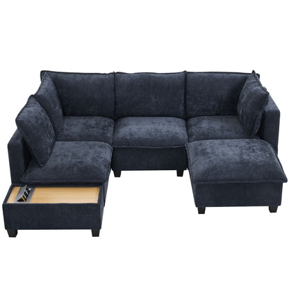 U - Shaped Sectional Sofa Modular Sofa Couch With A Movable Ottoman, A Coffee Table With Hidden Charging Devices For Living Room - Blue