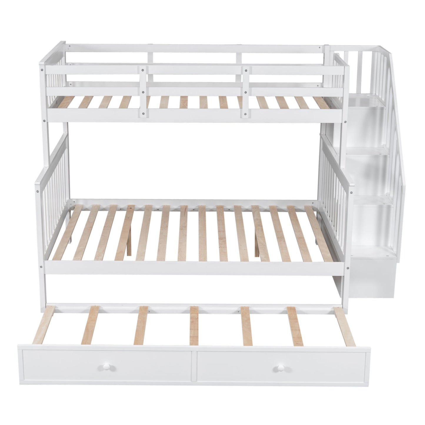 Twin Over Full Bunk Bed With Twin Size Trundle, Storage And Guard Rail For Bedroom - White