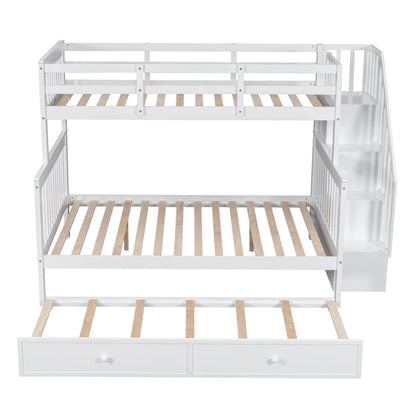 Twin Over Full Bunk Bed With Twin Size Trundle, Storage And Guard Rail For Bedroom - White