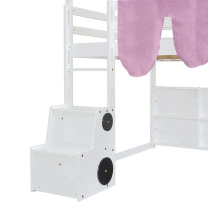 Full Size Loft Bed With House Shaped Frame And Tent - White / Pink