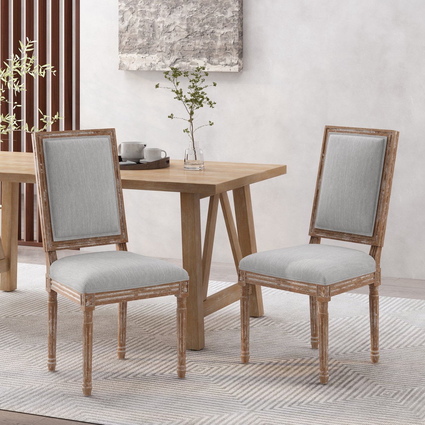 Vintage French Country Dining Chair Set With Cane Backrest, Upholstered Seats - Light Gray
