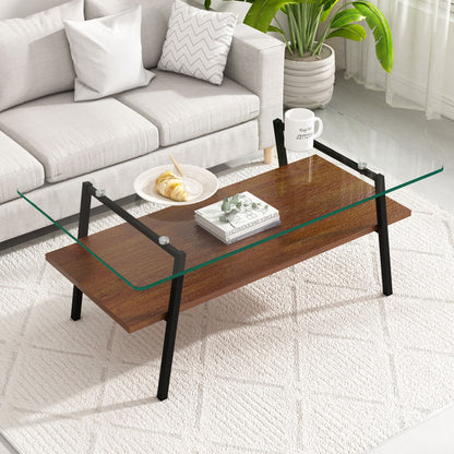 Rectangle Coffee Table, Tempered Glass Tabletop With Metal Legs, Modern Table For Living Room, Transparent Glass - Dark Brown